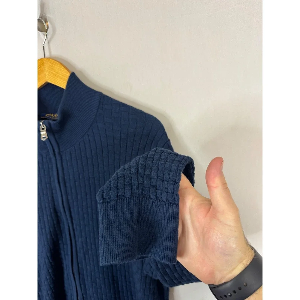 Polo Ralph Lauren Mens XL Navy Blue Full Zip Cotton Basket Weave Knit Sweater